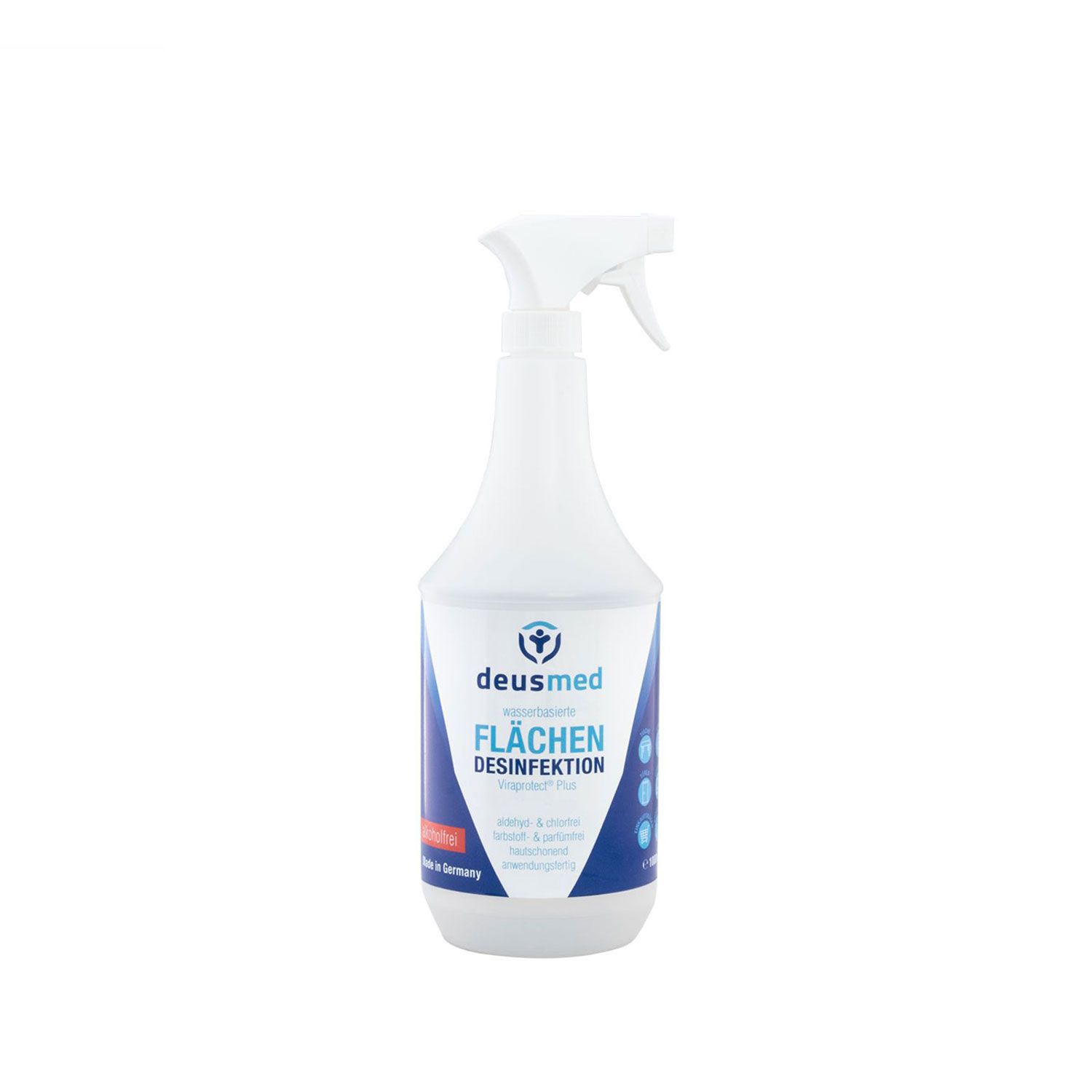 Weiße Sprühflasche mit blauem Etikett. Aufschrift: deusmed, Flächendesinfektion. Mit Sprühkopf.