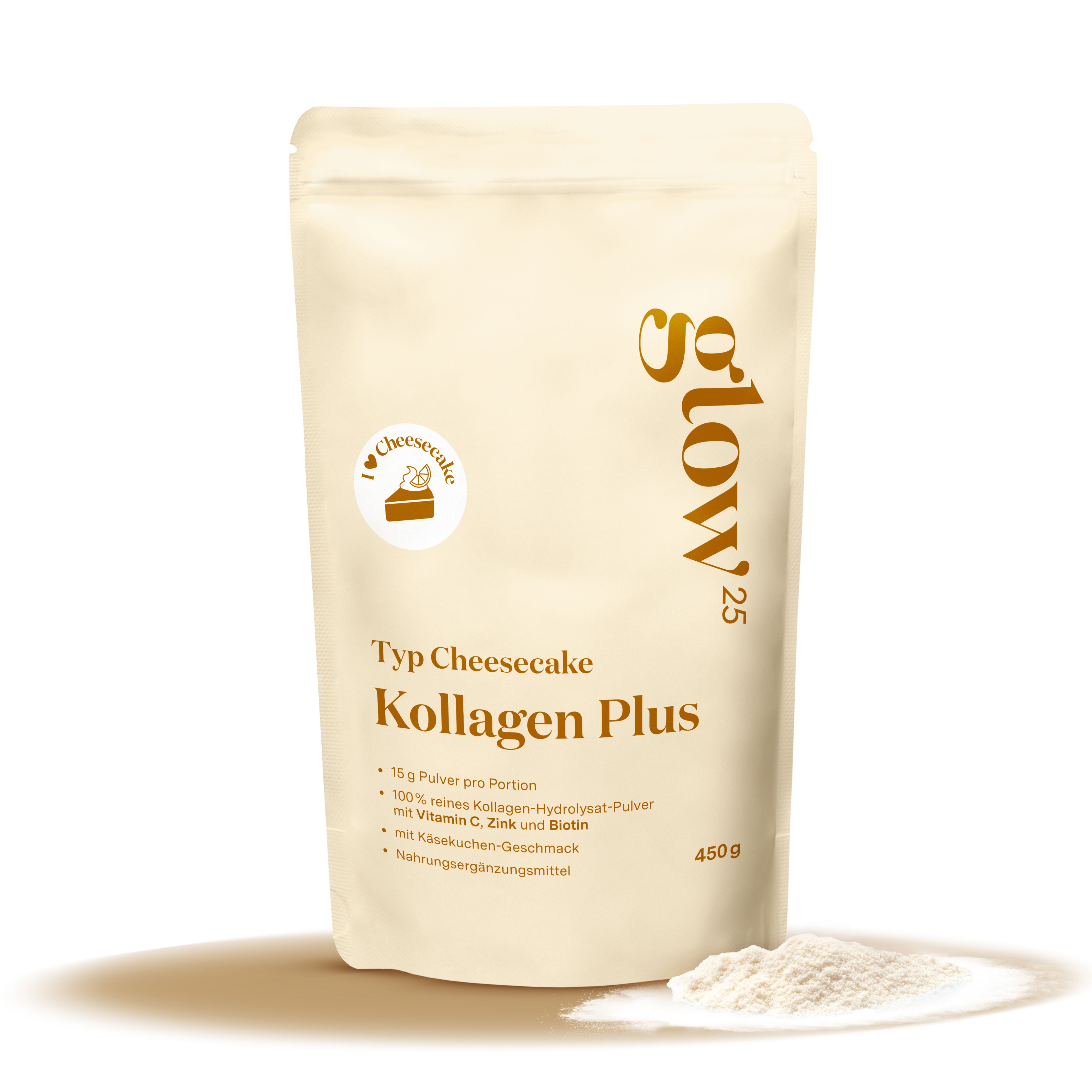 Glow25 Typ Cheesecake Kollagen Plus Beutel. 450g. Pulver liegt daneben. Enthält Kollagen-Hydrolysat, Vitamin C, Zink und Biotin.
