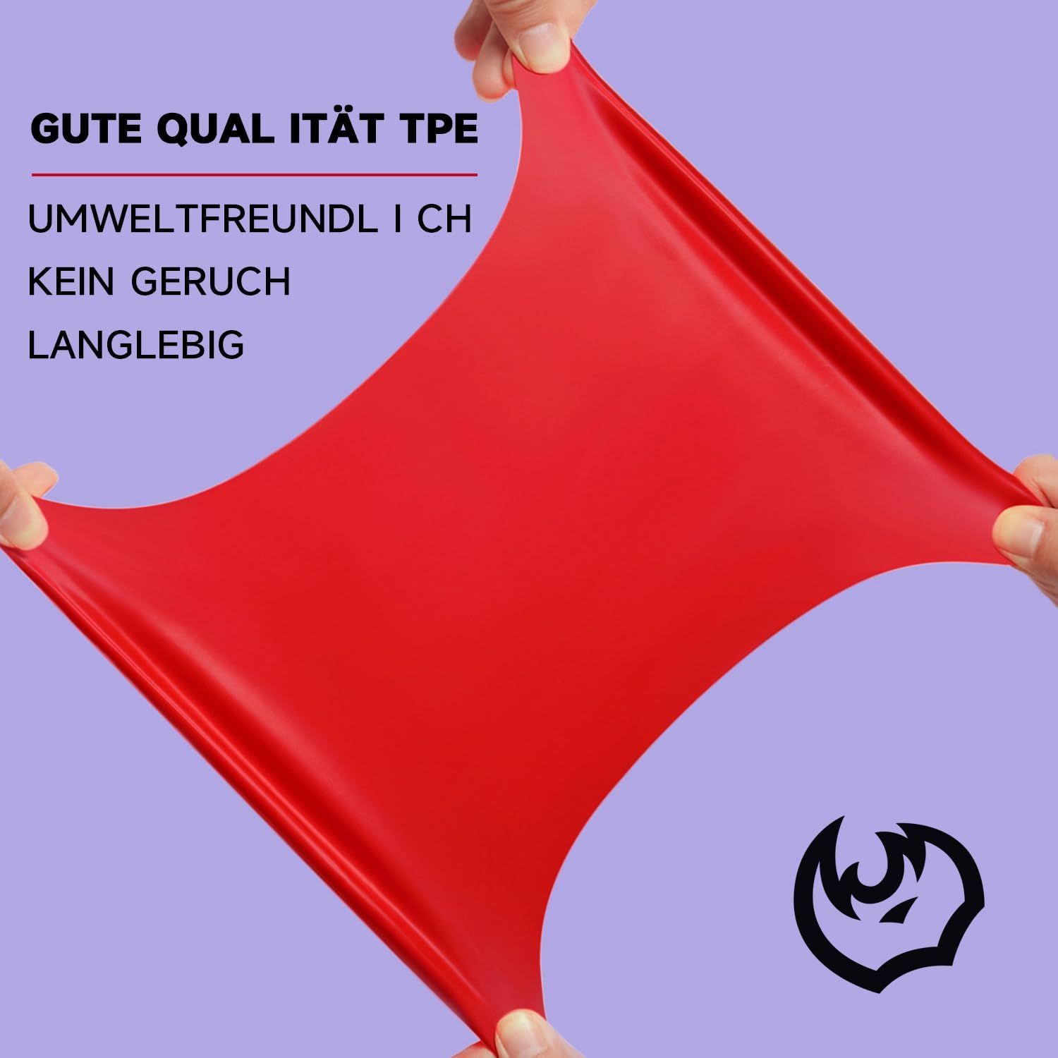 Rotes, dehnbares Material mit Text und Logo.