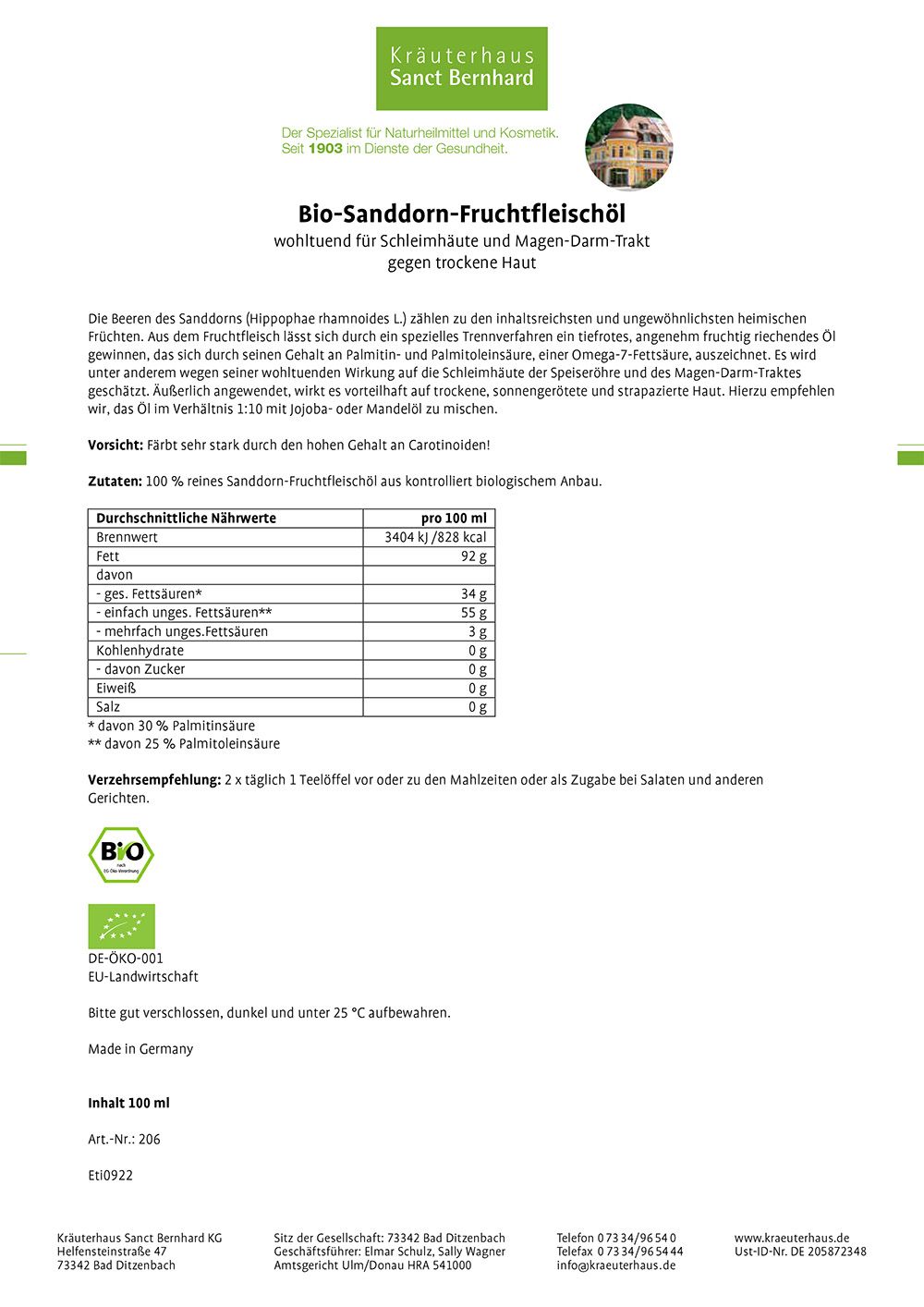 Sanct Bernhard Bio-Sanddorn-Fruchtfleischöl