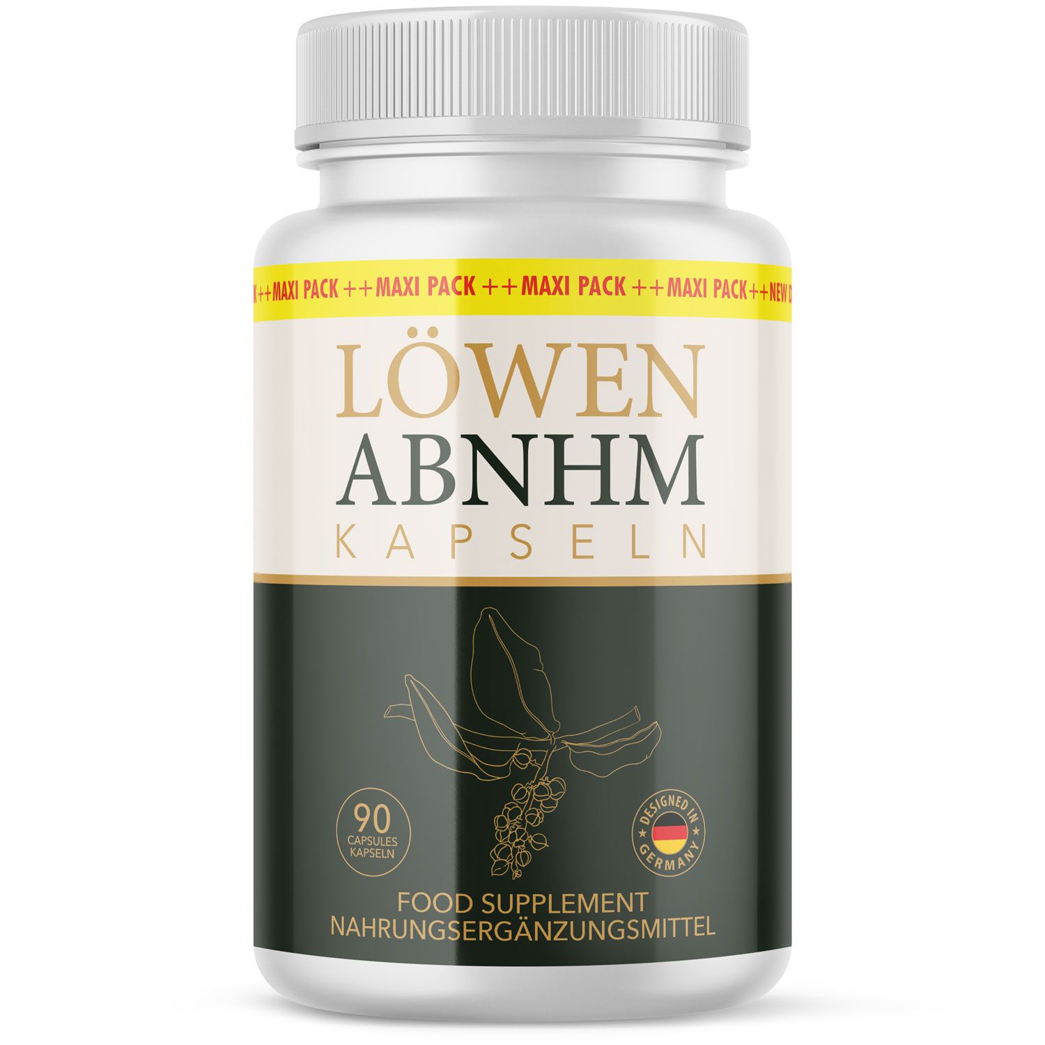 Weiße Dose mit LÖWEN ABNEHM KAPSELN, 90 Kapseln, Nahrungsergänzungsmittel, Made in Germany.