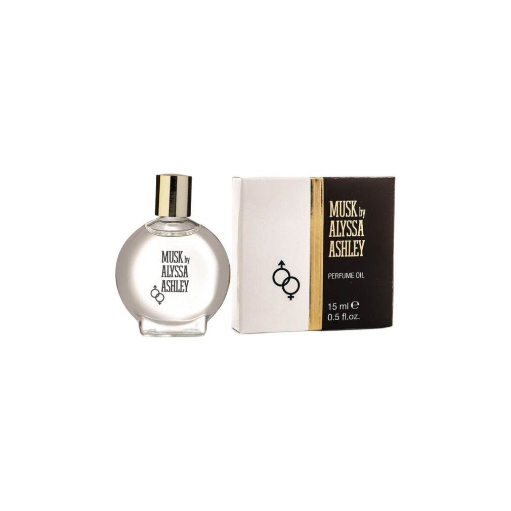 Flakon und Schachtel. Aufschrift: Musk by Alyssa Ashley, Parfume Öl. 15 ml. Flakon rund mit goldfarbenem Verschluss.