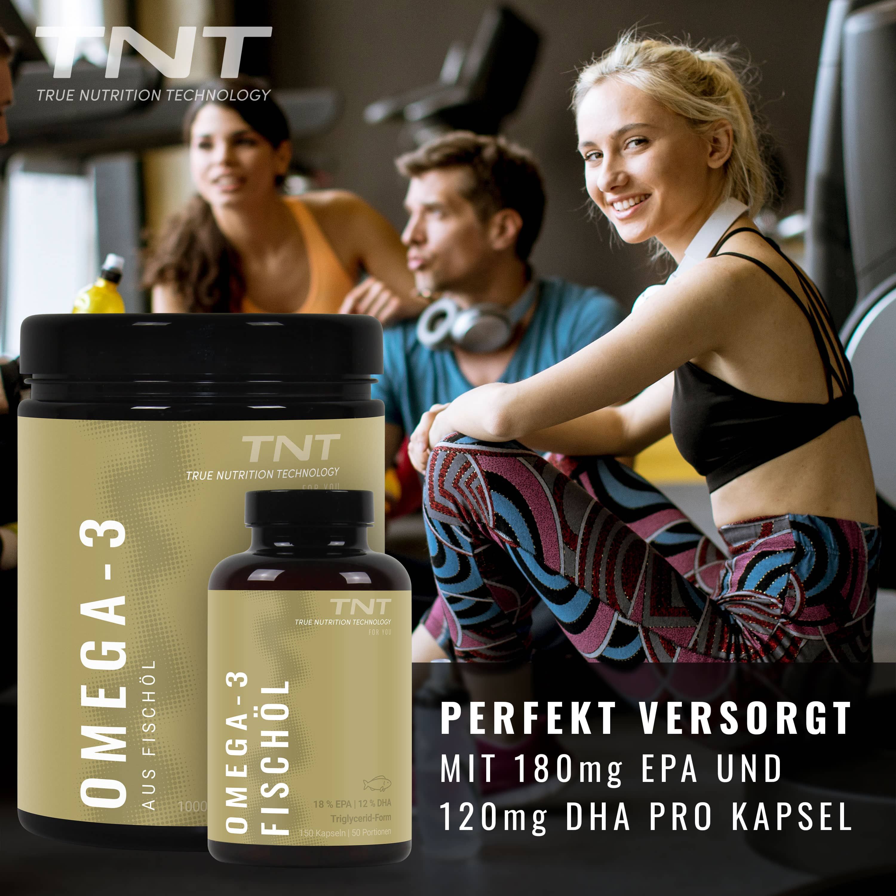 TNT Omega-3 Fischöl-Behälter und Kapseln. Personen im Fitnessstudio. Text: 180mg EPA und 120mg DHA pro Kapsel.