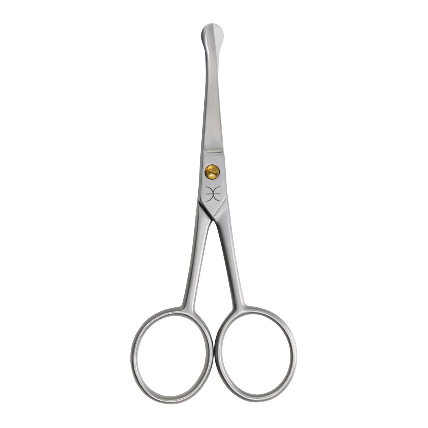 Silberne, gerade Nasen- und Ohrhaarschere. Abgerundete Spitze, Ringe für die Finger. Goldfarbene Schraube und Logo.