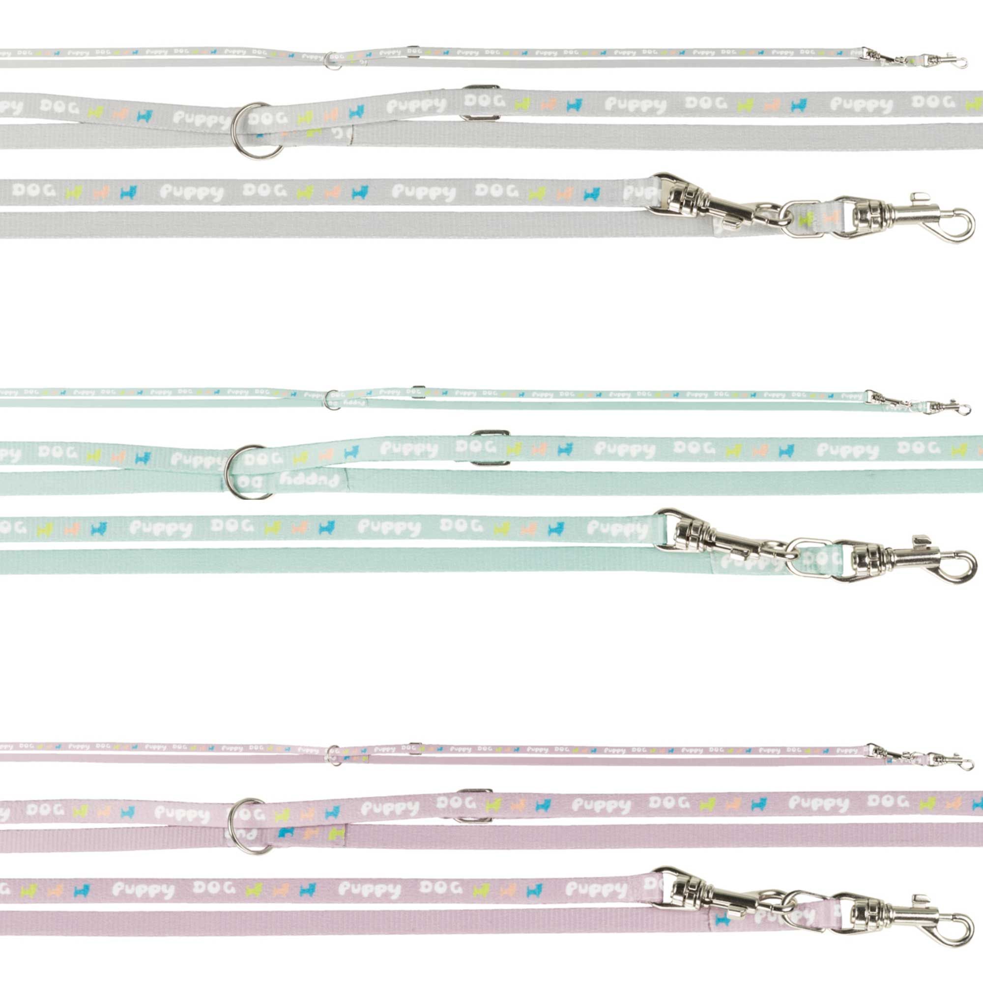 Drei Leinen in Grau, Mintgrün und Rosa. Jede Leine hat einen Karabinerhaken und die Aufschrift Puppy Dog. Metallringe.