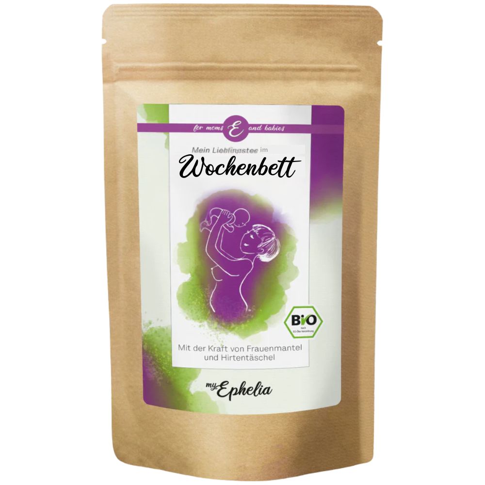 Beutel mit Aufdruck. Aufschrift: Mein Lieblingstee im Wochenbett. Bio-Siegel. Logo myEphelia. Abbildung einer Frau mit Baby.