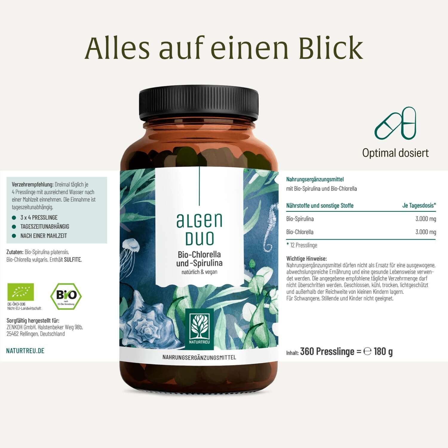 Flasche des Algen Duo Komplex mit Nährwertangaben und Dosierungsinformationen auf der rechten Seite.