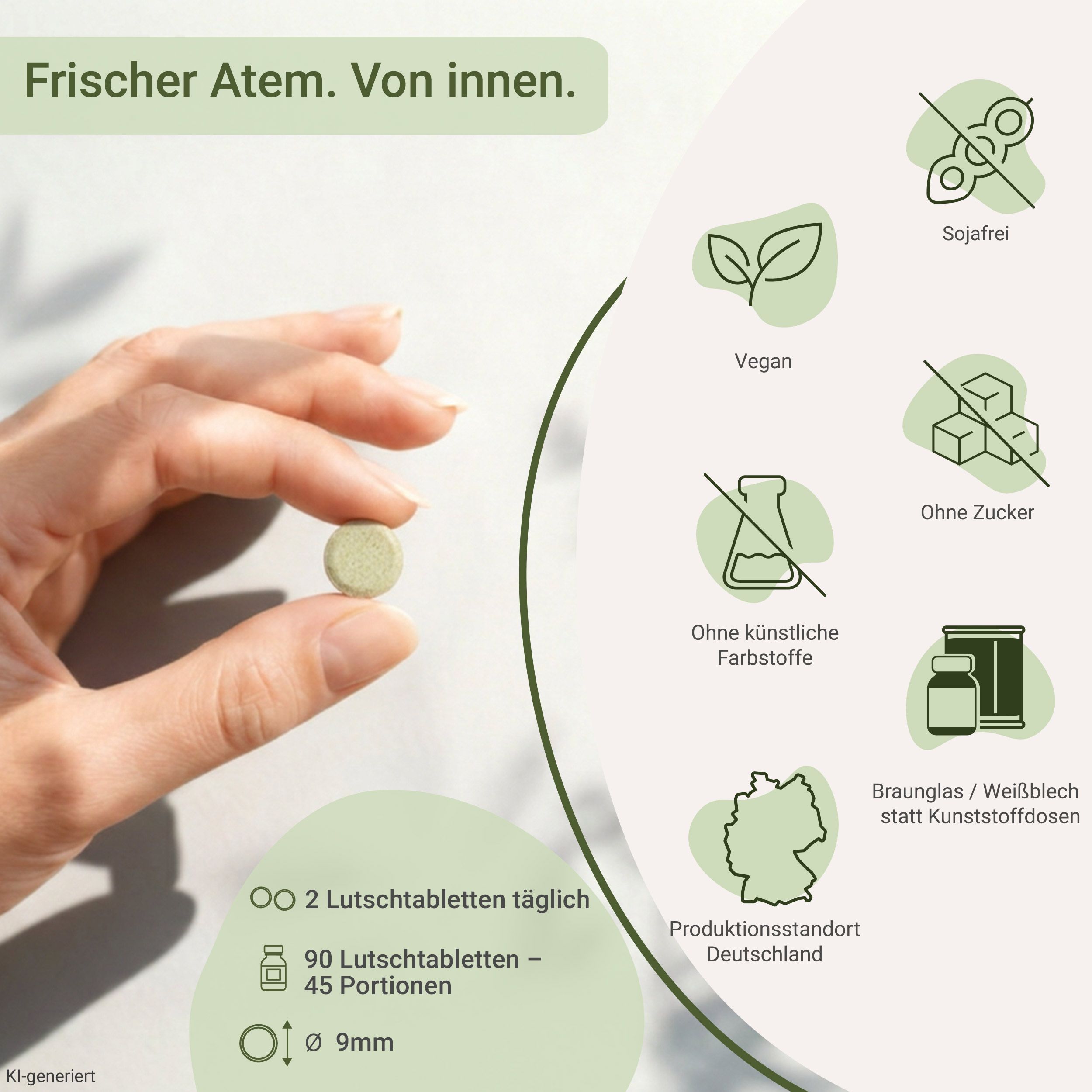 Hand hält eine Probio Mundflora Lutschtablette. Durchmesser 9mm. Für frischen Atem von innen.
