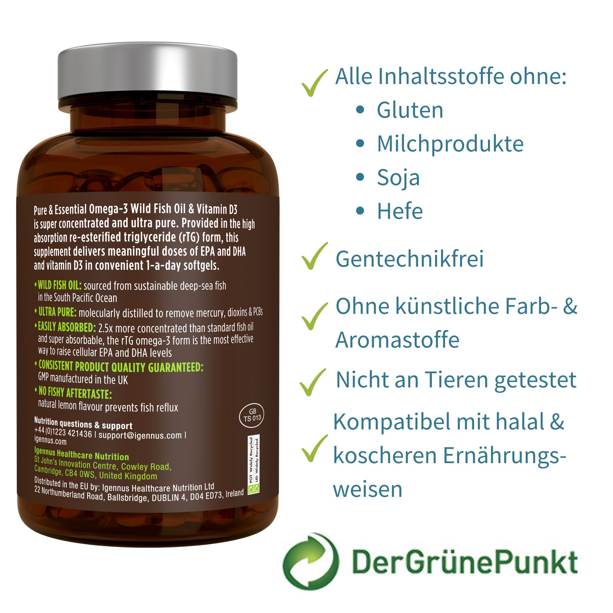 Flasche mit Omega-3, frei von Gluten, Milchprodukten, Soja, Hefe. Gentechnikfrei.