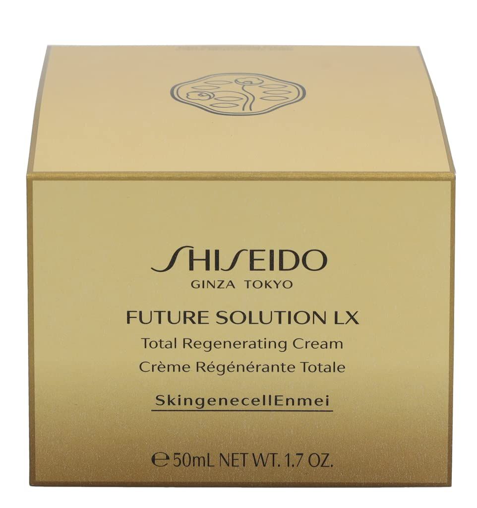Goldfarbener Karton. Aufschrift: SHISEIDO, FUTURE SOLUTION LX, Total Regenerating Cream, Crème Régénérante Totale.