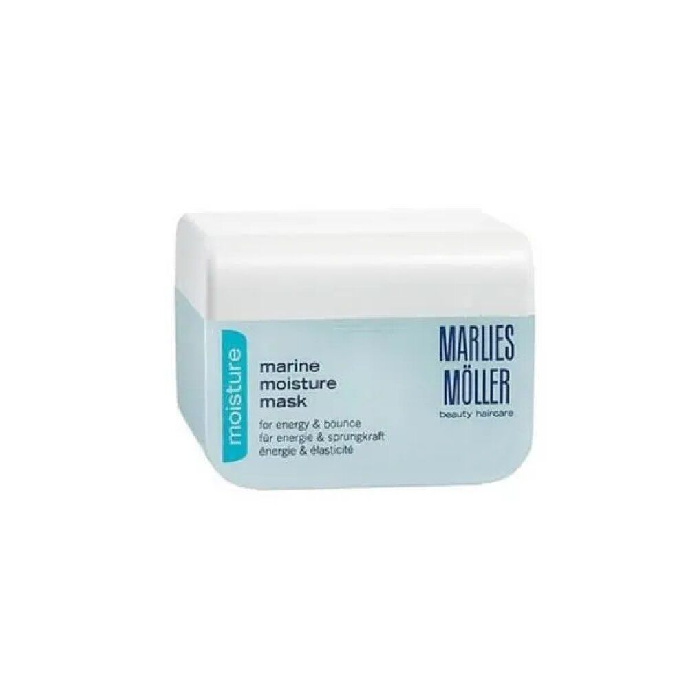 Weiß-blaue Dose mit Produktbezeichnung: Marine Moisture Mask. Aufschrift: Marlies Möller, beauty haircare. Für Energie & Sprungkraft.