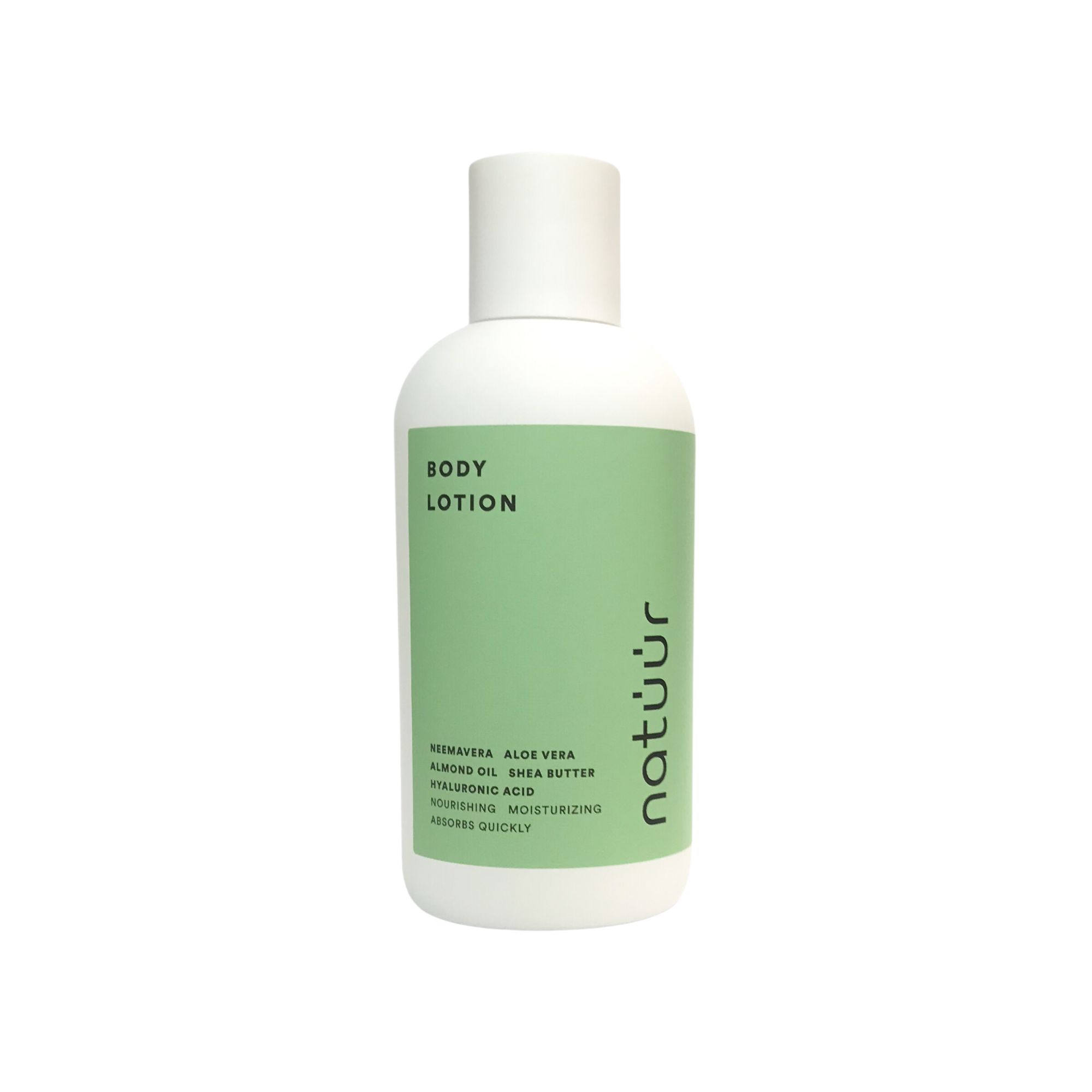 Weiße Flasche mit grünem Etikett. Text: Body Lotion, natüür, Inhaltsstoffe. Weißer Deckel.