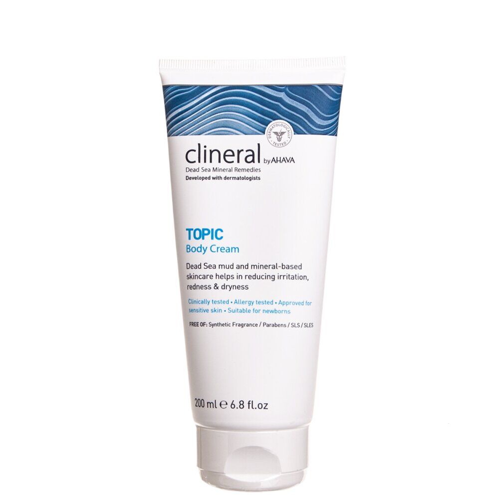 Weiß-blaue Tube Clineral TOPIC Body Cream. Text: Dead Sea Mineral Remedies, TOPIC Body Cream, 200 ml. Mit Zertifizierungen.
