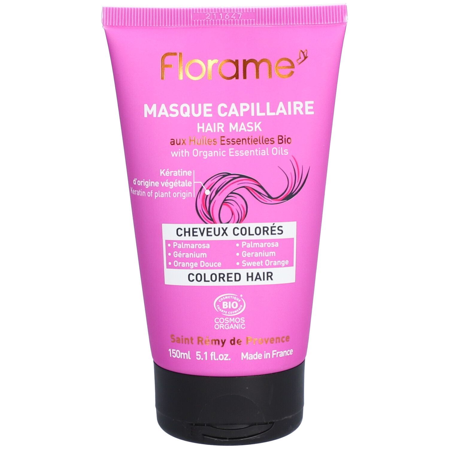 Rosa Tube mit schwarzem Deckel. Florame Haarmaske für coloriertes Haar. Text und Logo in Gold und Weiß. Bio-Zertifizierung.