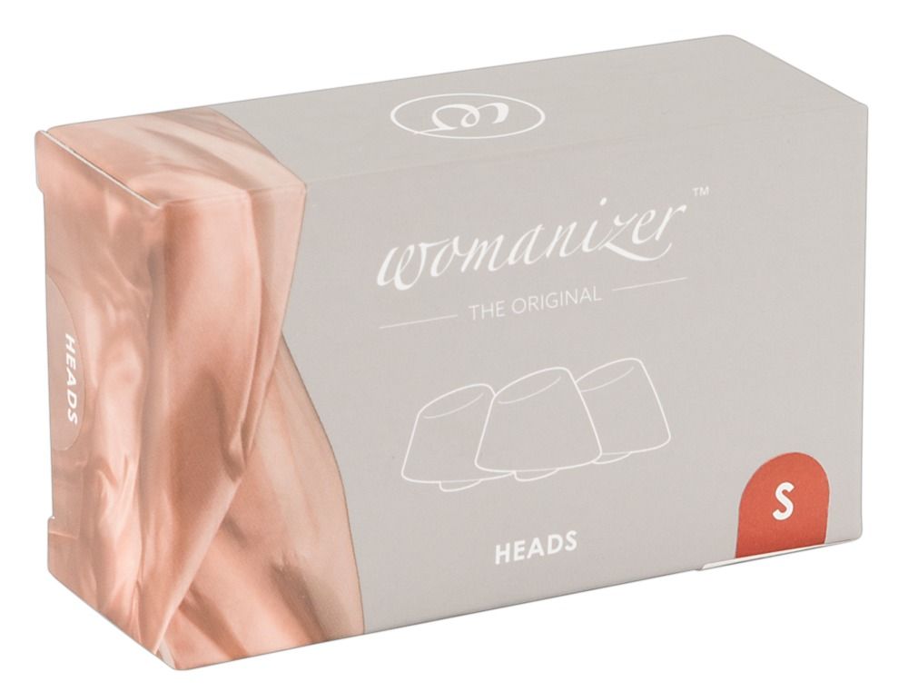 Verpackung mit Ersatzkappen. Aufschrift "Womanizer" und "HEADS". Größe "S" auf rotem Feld.