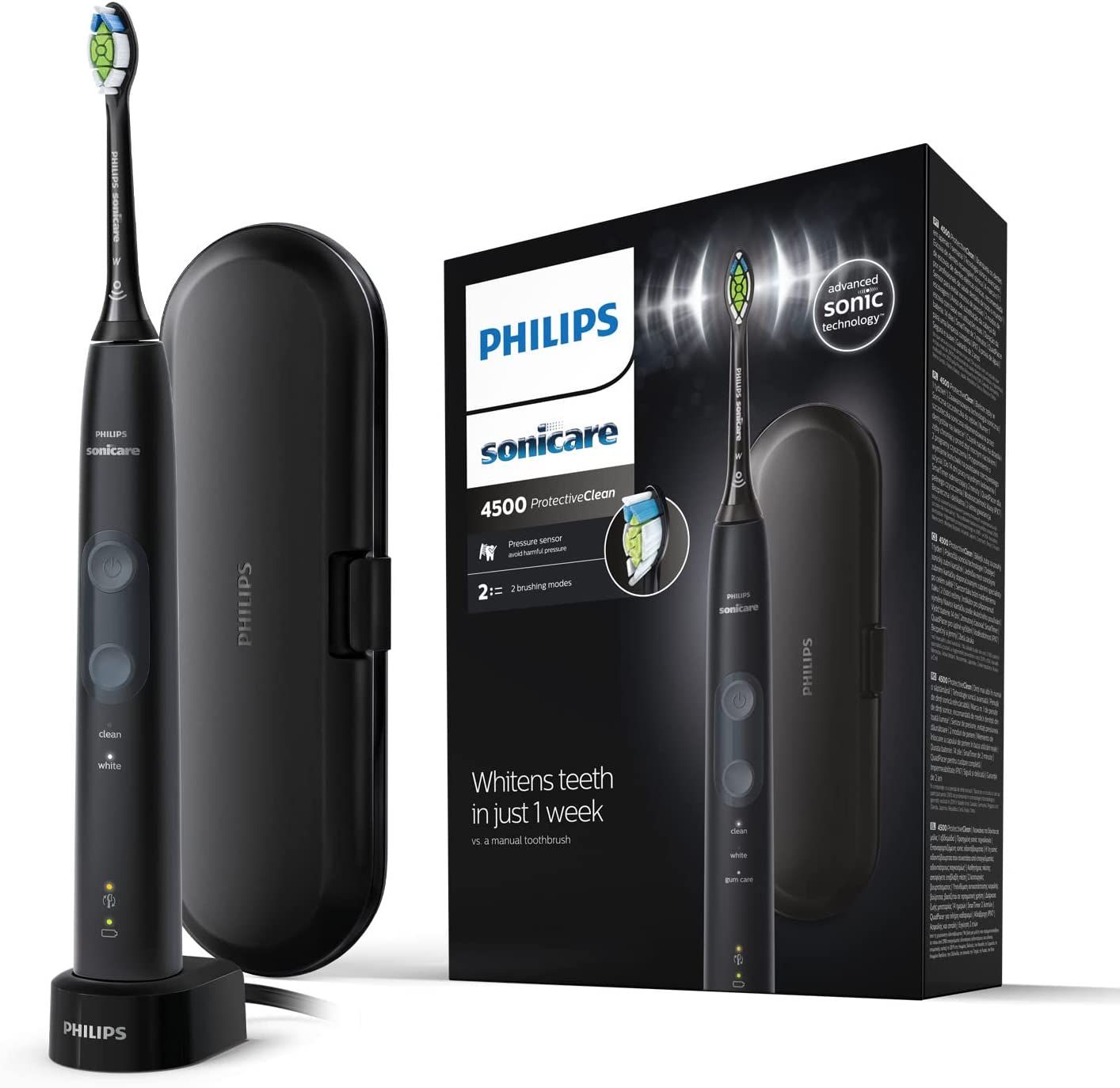 Schwarze elektrische Zahnbürste mit Ladestation, Etui und Verpackung. Philips Sonicare ProtectiveClean 4500.