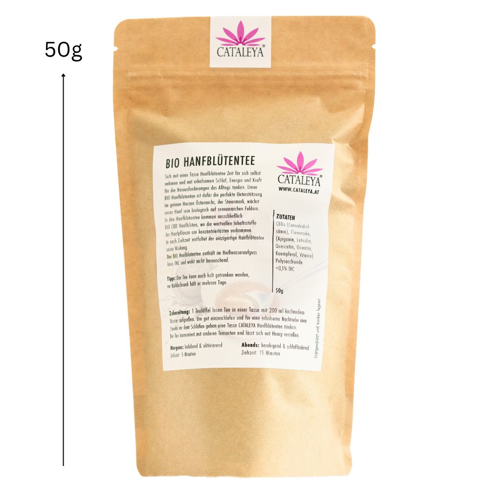 50g Packung Bio Hanfblütentee von CATALEYA, stehend, mit Produktinformationen.