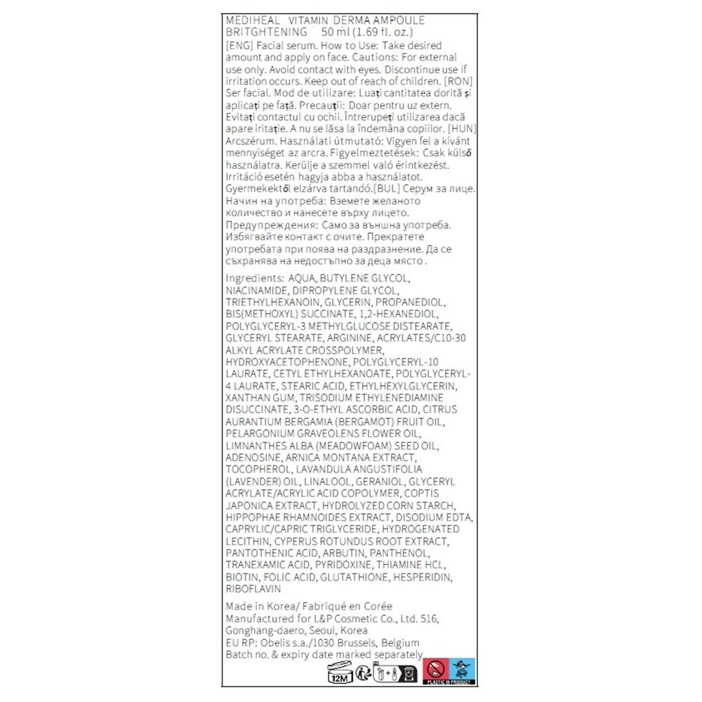 Weißes Etikett mit Text. Enthält Inhaltsstoffe, Gebrauchsanweisung und Herstellerinformationen. Marke: MEDIHEAL Vitamin Derma Ampoule Brightening.