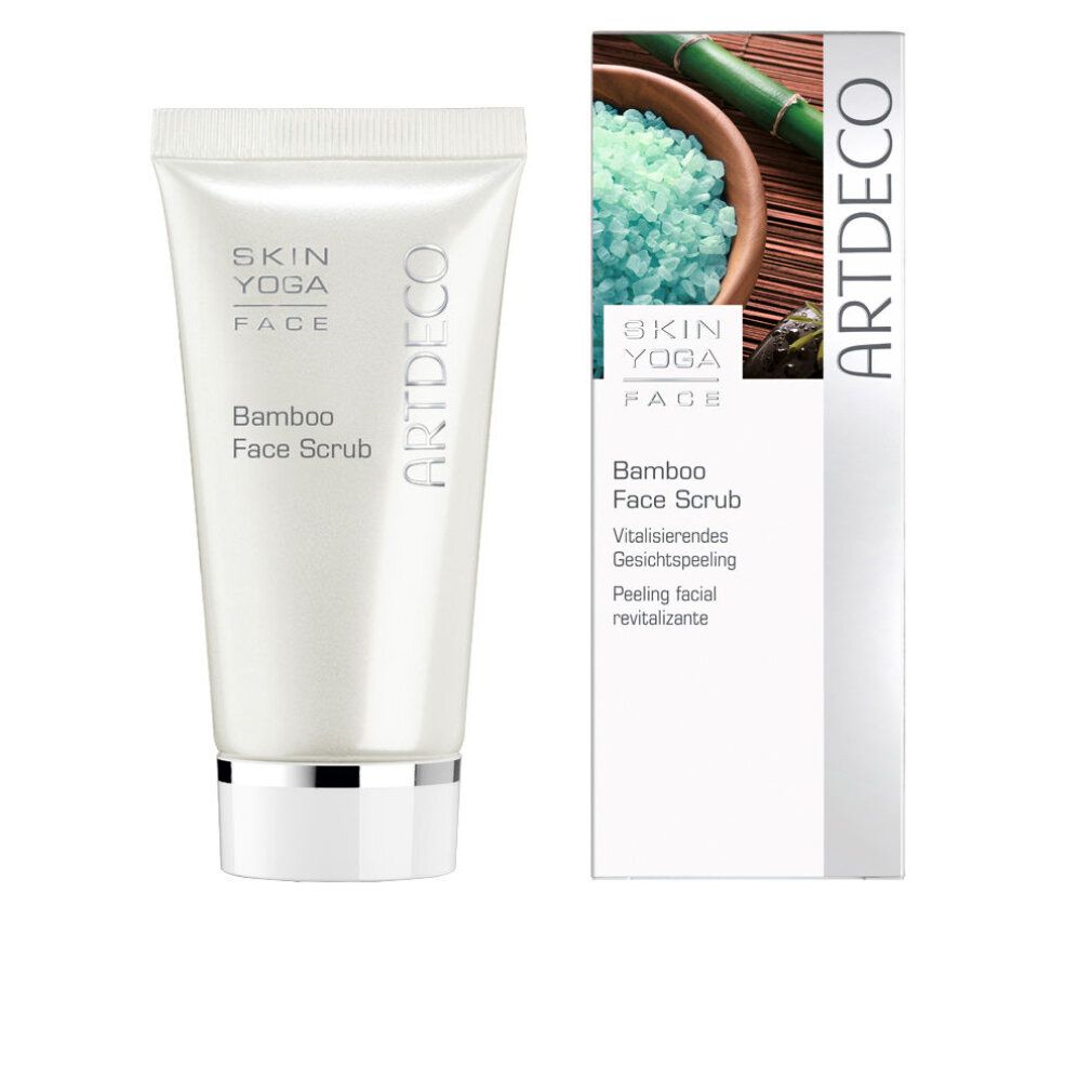Tube mit Haut Yoga Face Bamboo Face Scrub und Verpackung. Verpackung mit Produktbild und Text. Artdeco-Logo.