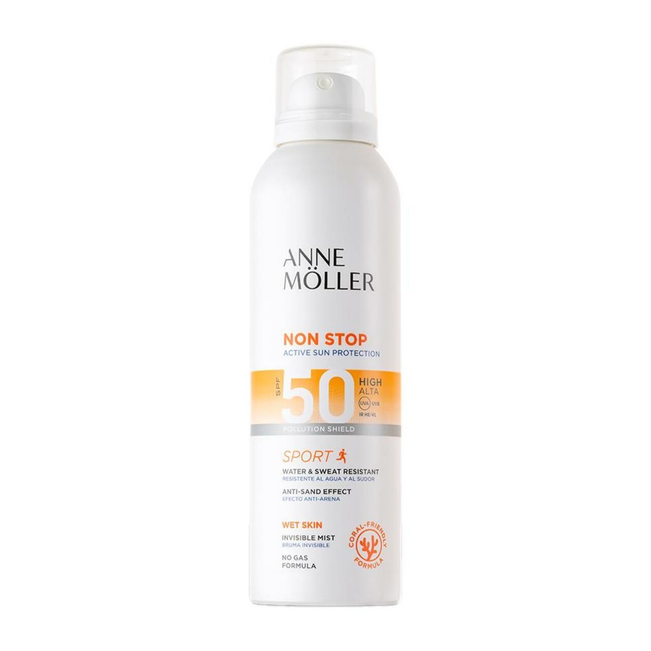 Weiße Sprühflasche von Anne Möller. Aufschrift: Non Stop, SPF 50, Sport. Wasser- und schweißbeständig. Anti-Sand-Effekt. Für nasse Haut.