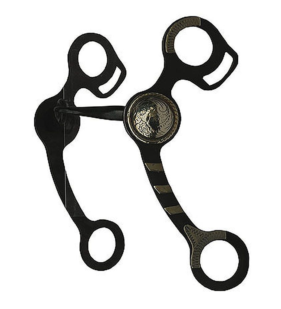 Metallgebiss, 12,5 cm. Schwarzes Metall mit silberfarbenen Akzenten. Runde Öffnungen. Zentrales rundes Element mit Relief.