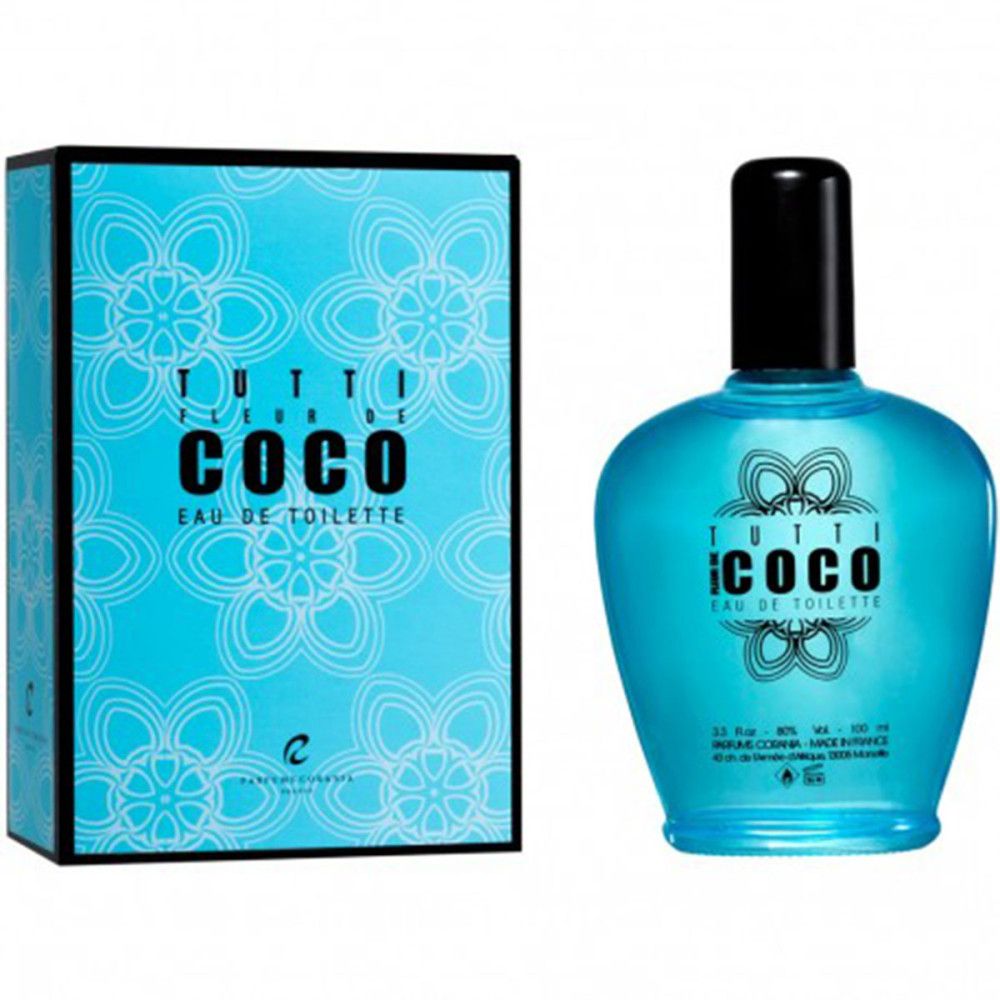 Türkisfarbene Flasche und Schachtel. Aufschrift: Tutti Coco Eau de Toilette. Floral-Dekor. Schwarzer Deckel.