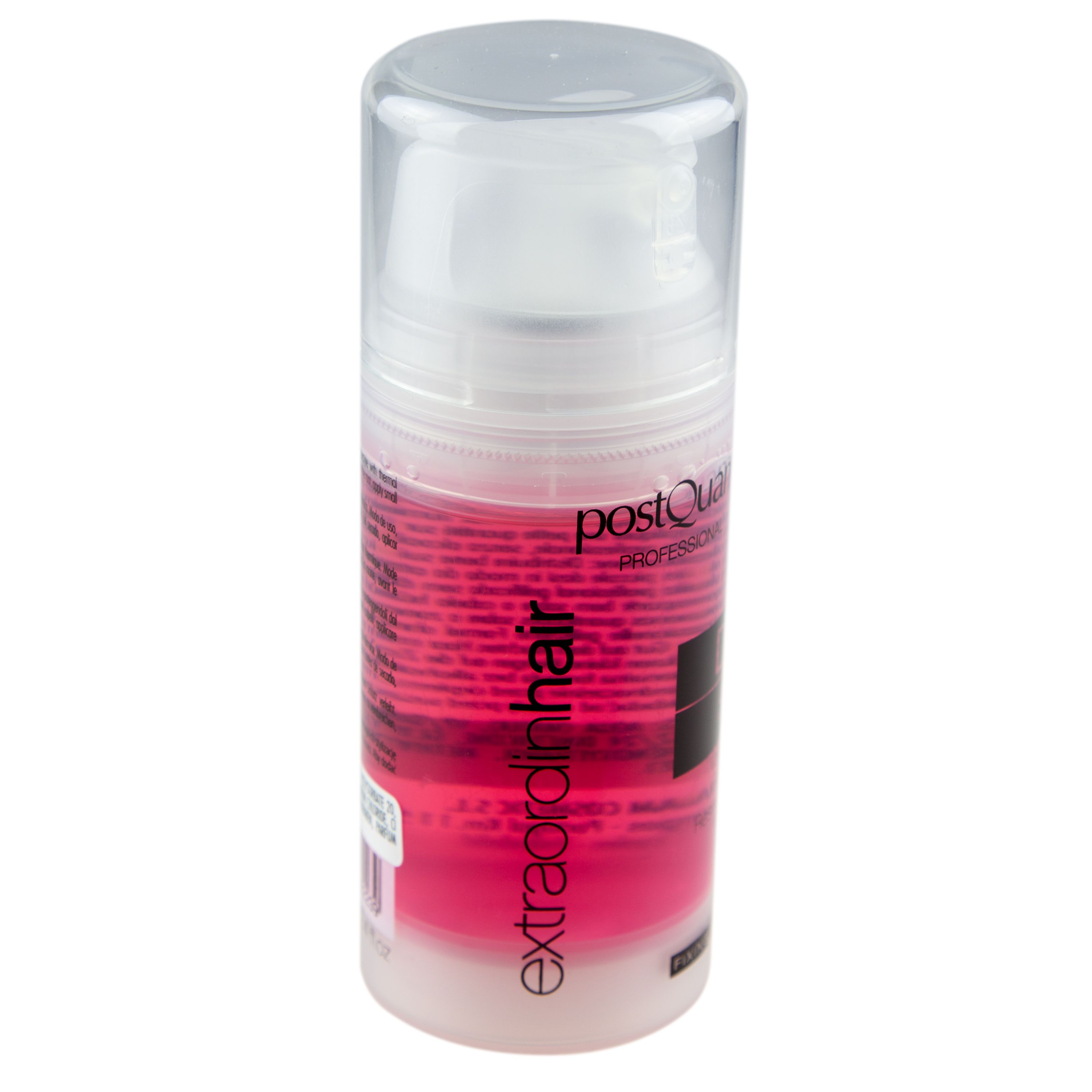 Zylindrische Flasche mit rosa Flüssigkeit. Aufschrift: Postquam, Extraordinhair. Mit weißem Pumpkopf. Text auf Etikett.
