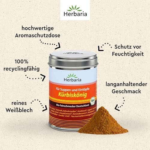 Herbaria Kürbiskönig Gewürzdose mit Hinweisen zu Aromaschutz, Recycling und Geschmack.