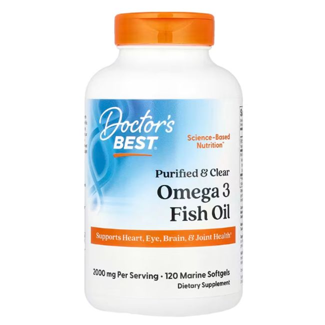 Flasche Doctor's Best Omega 3 Fischöl, weiß mit orangefarbenem Deckel. Enthält 120 Marine Softgels.