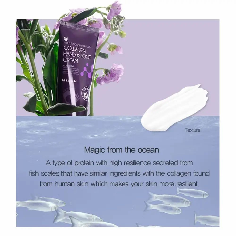 MIZON Collagen Hand & Foot Cream Tube mit Blumen und Creme. Text: Magie aus dem Ozean. Fisch-Illustration.