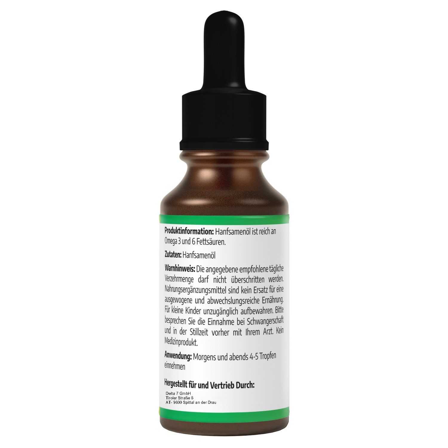 Braune Flasche mit schwarzem Tropfer. Rückseite mit Text. Enthält Produktinformationen und Anwendungshinweise.