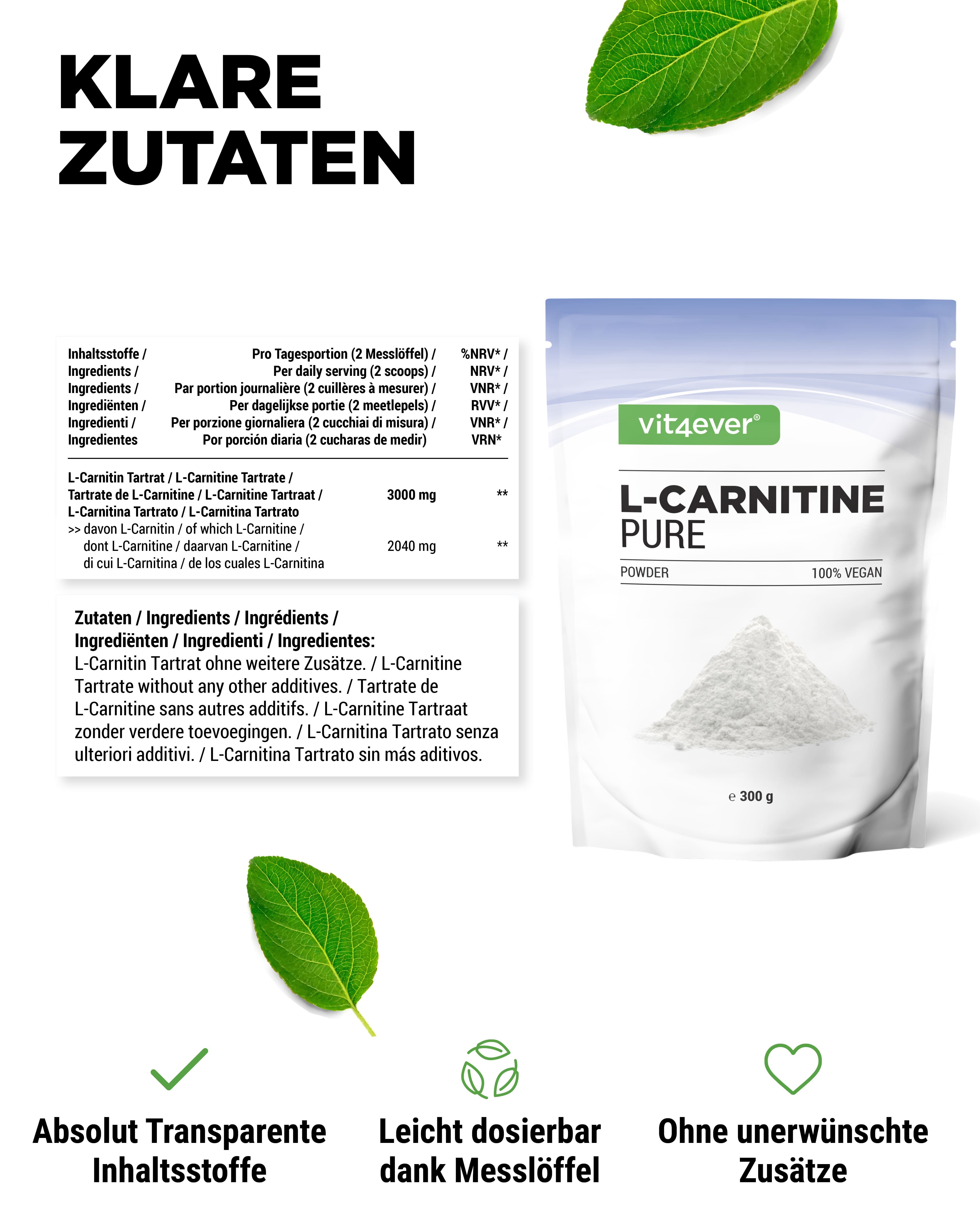 Produktbeutel mit weißem Pulver. Aufschrift: L-Carnitin Pure, 100% vegan. Marke: vit4ever. Text: Klare Zutaten. Tabelle mit Inhaltsstoffen.