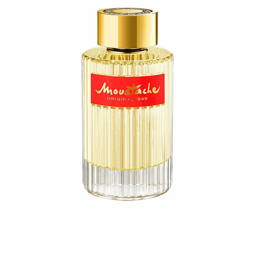 Rochas Moustache Eau de Toilette Flakon. Zylindrische Form, geriffeltes Glas, rotes Etikett mit goldener Schrift, goldener Verschluss.