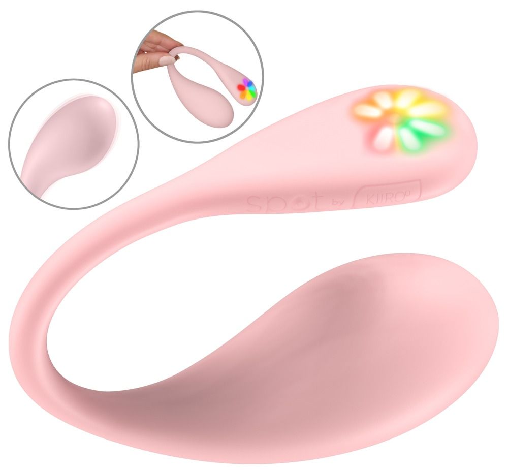 Rosa Auflegvibrator, mit Nahaufnahmen, die die Form und die Regenbogen-LEDs zeigen.
