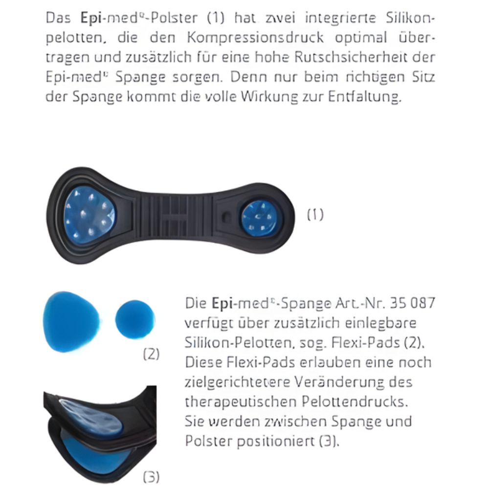 Produktabbildung der Epicondylitis-Orthese mit blauen Silikon-Pelotten. Zusätzliche Flexi-Pads. Detailansicht der Orthese mit Pelotten.