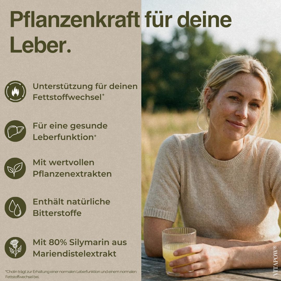 Frau mit Getränk. Text: Unterstützung für deinen Fettstoffwechsel, für gesunde Leberfunktion, mit Pflanzenextrakten.