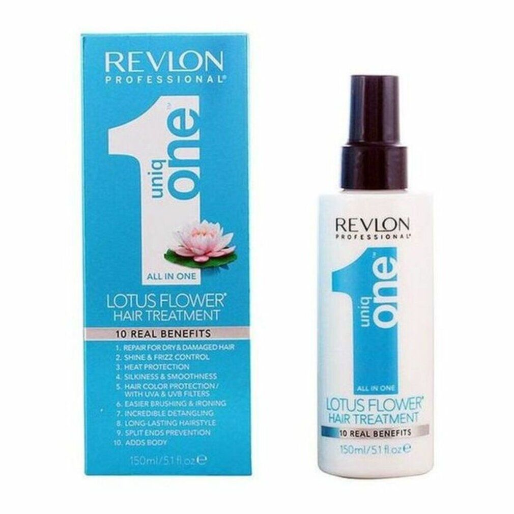 Haar-Behandlung mit Sprühkopf und Verpackung. Aufschrift: Revlon Uniq One Lotus Flower, 10 Vorteile. Flasche: 150ml.