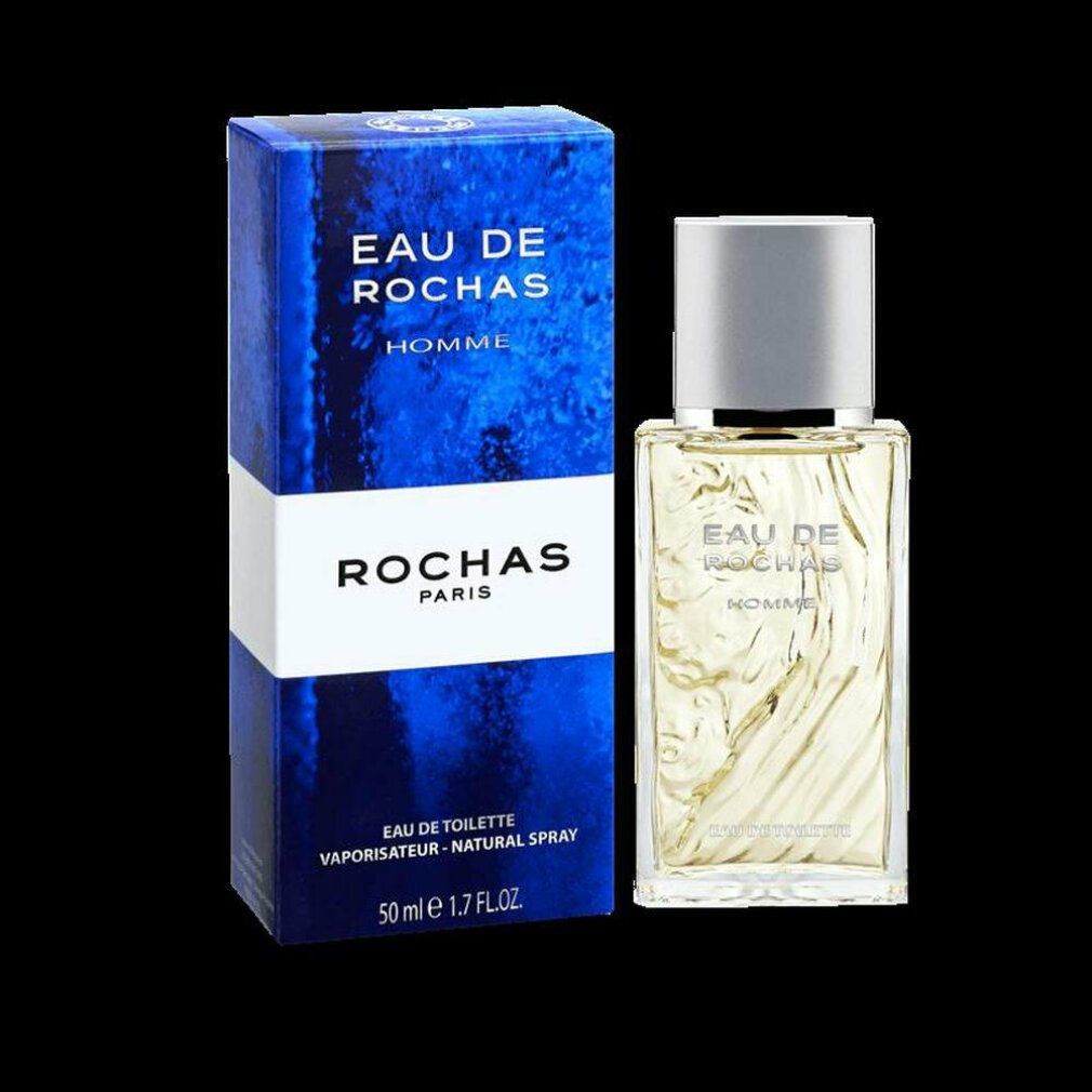 Flakon und Verpackung. Flakon mit silbernem Deckel, rechteckig, durchsichtig. Verpackung blau-weiß mit Text: EAU DE ROCHAS HOMME, ROCHAS PARIS.