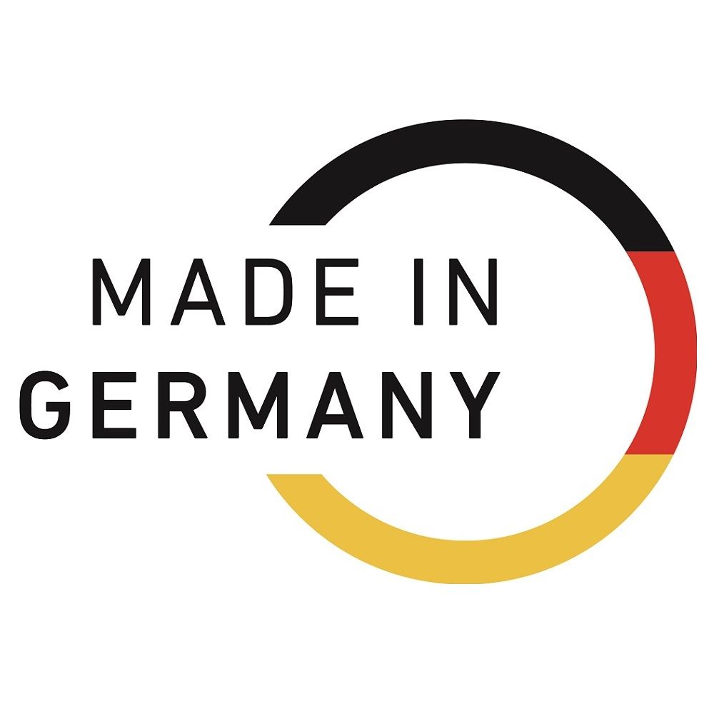 Logo 'MADE IN GERMANY' in Schwarz mit einem Kreis in den Farben der deutschen Flagge.