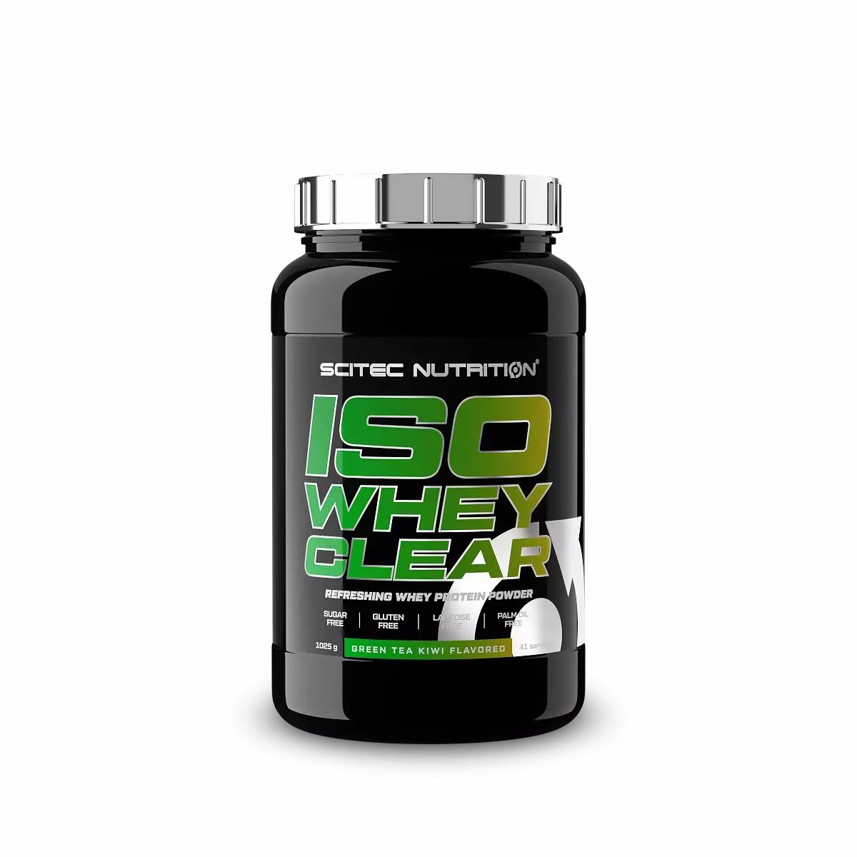 Schwarze Dose mit silbernem Deckel. Aufschrift: ISO WHEY CLEAR, Grüntee-Kiwi-Geschmack. Marke: Scitec Nutrition.