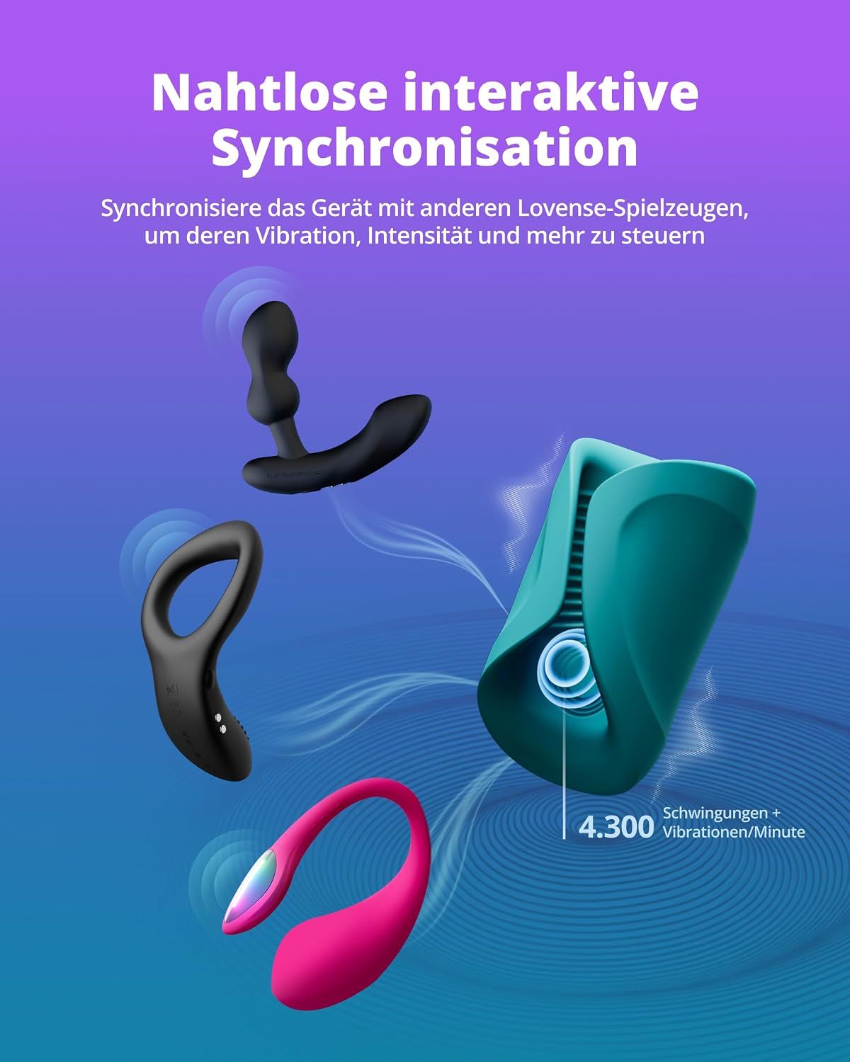 Vibrator-Set mit verschiedenen Silikon-Aufsätzen und App-Steuerung.