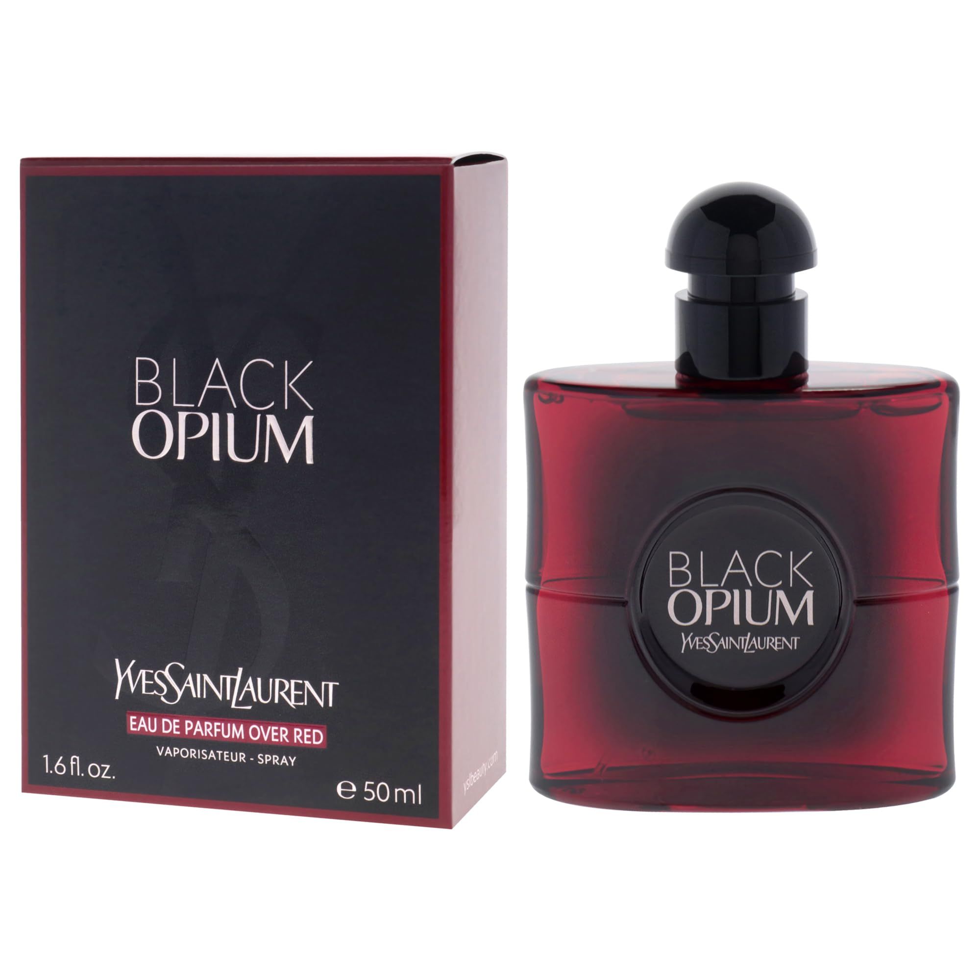 Parfümflasche und Verpackung. Schwarze Flasche mit schwarzem Deckel. Verpackung mit BLACK OPIUM und Yves Saint Laurent. 50 ml.