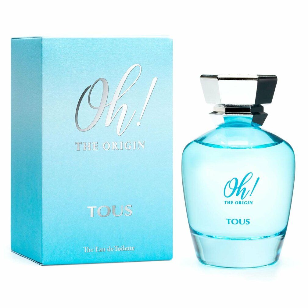 Hellblaues Eau de Toilette mit passender Schachtel. Auf der Flasche und der Schachtel steht "Oh! The Origin" und "TOUS".