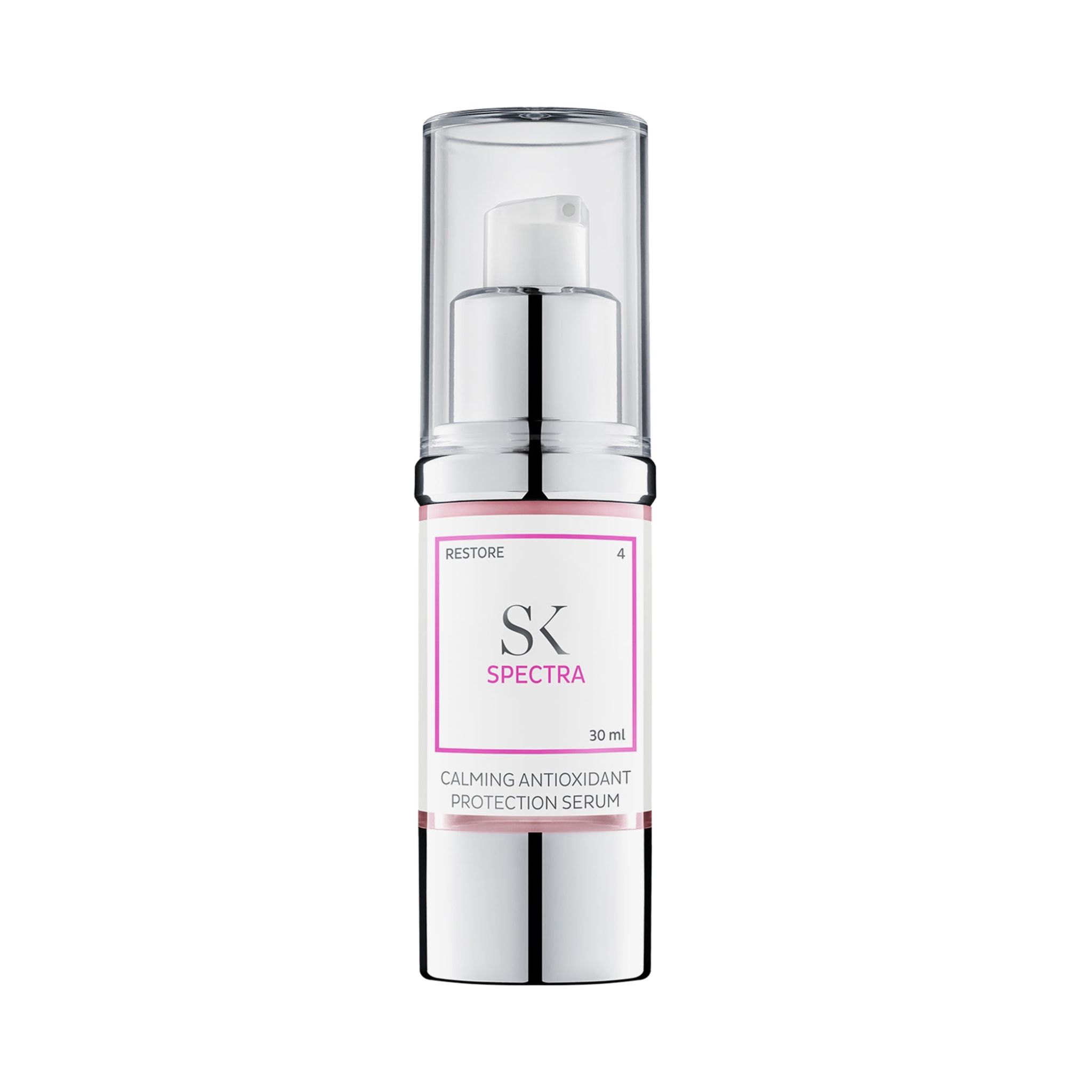 Serumflasche mit Sprühkopf. Aufschrift: SK Spectra, 30 ml. Rosa und silberne Verpackung.