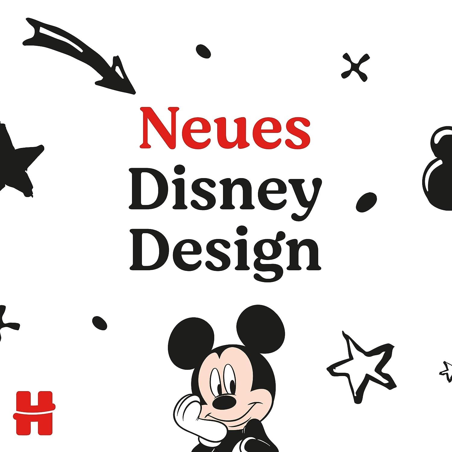 Text mit „Neues Disney Design“ in Schwarz und Rot. Mickey Mouse-Illustration. Sterne, Pfeile und andere grafische Elemente auf weißem Hintergrund.