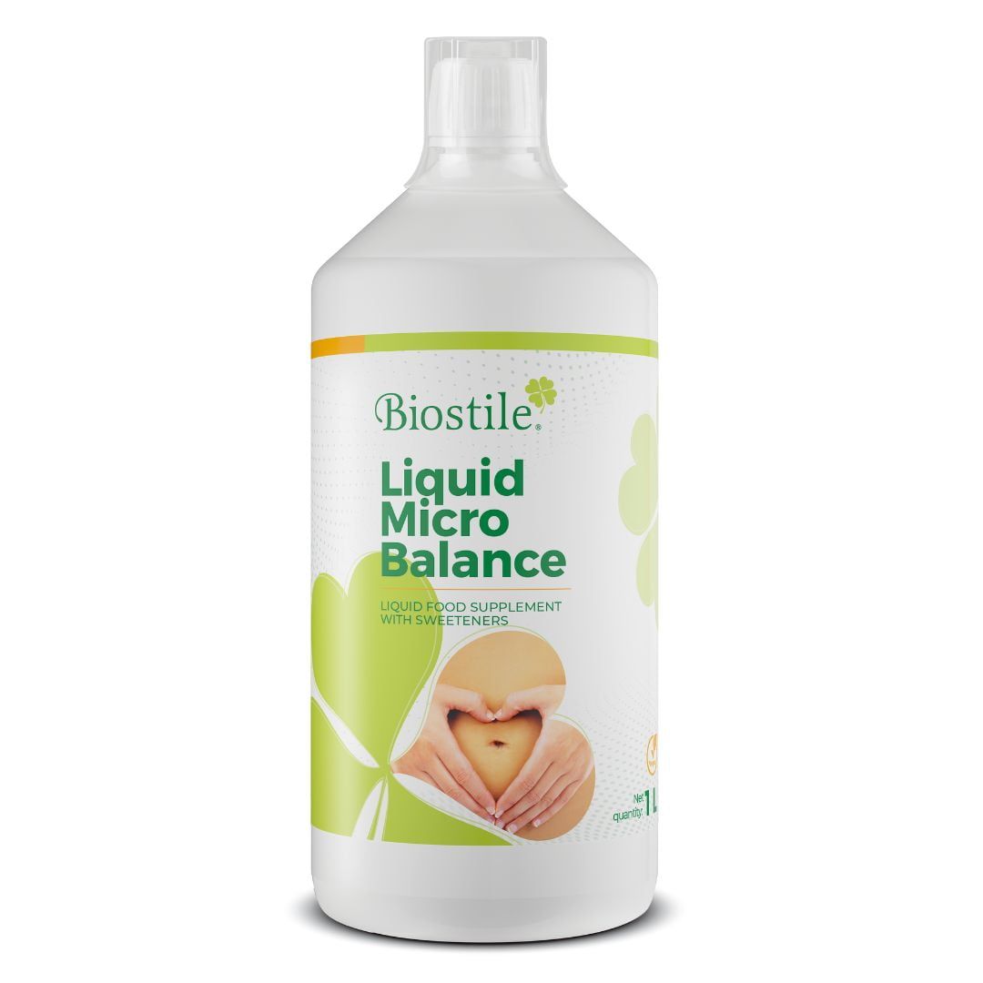 Biostile Flüssige Mikro-Balance. Weiße Flasche mit grünem Etikett. Text: Liquid Micro Balance. Abbildung eines Bauches.