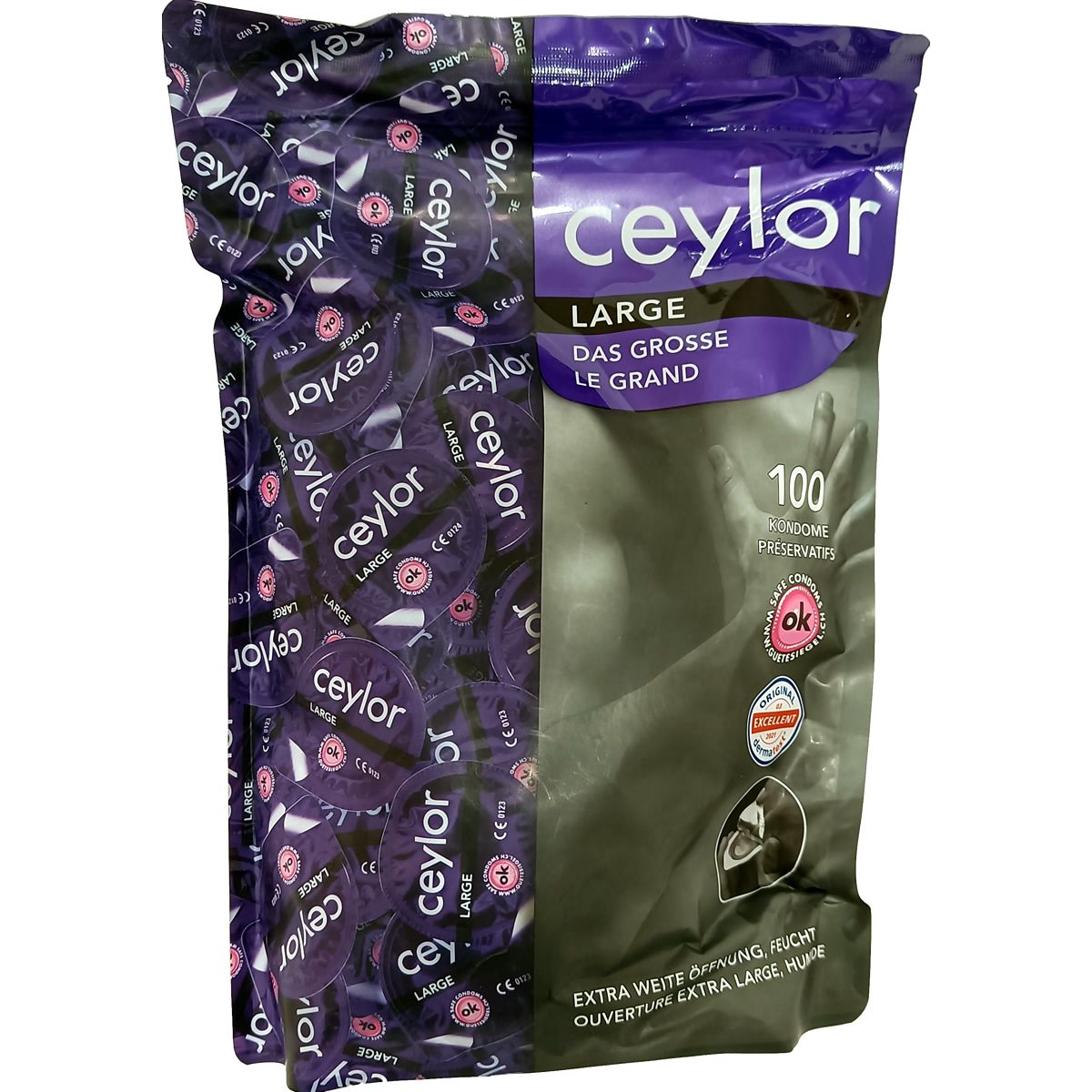 Beutel mit Kondomen. Aufschrift "Ceylor Large". Enthält 100 Stück. Mit Zertifizierungen und Hinweisen auf extra weite Öffnung.