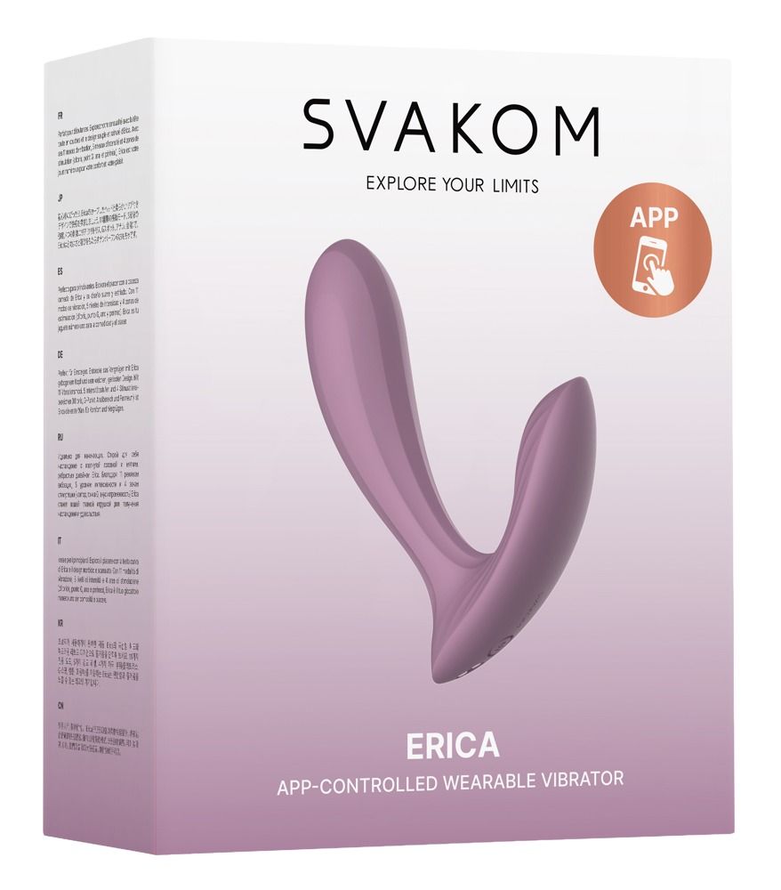 Verpackung von SVAKOM Erica. Rosa Produkt abgebildet. Text: App-Controlled Wearable Vibrator.