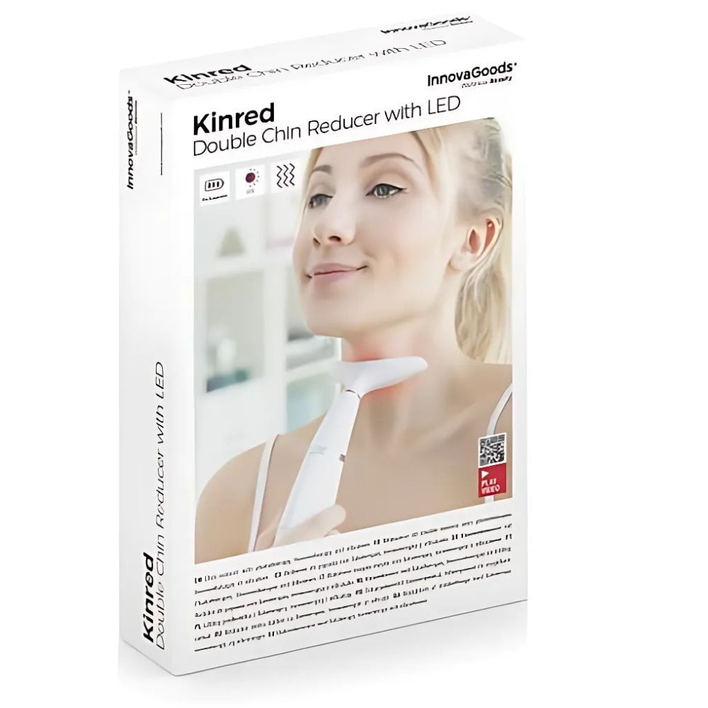 Produktverpackung mit Produktabbildung. Aufschrift: Kinred Double Chin Reducer with LED. Frau hält das Gerät am Hals.