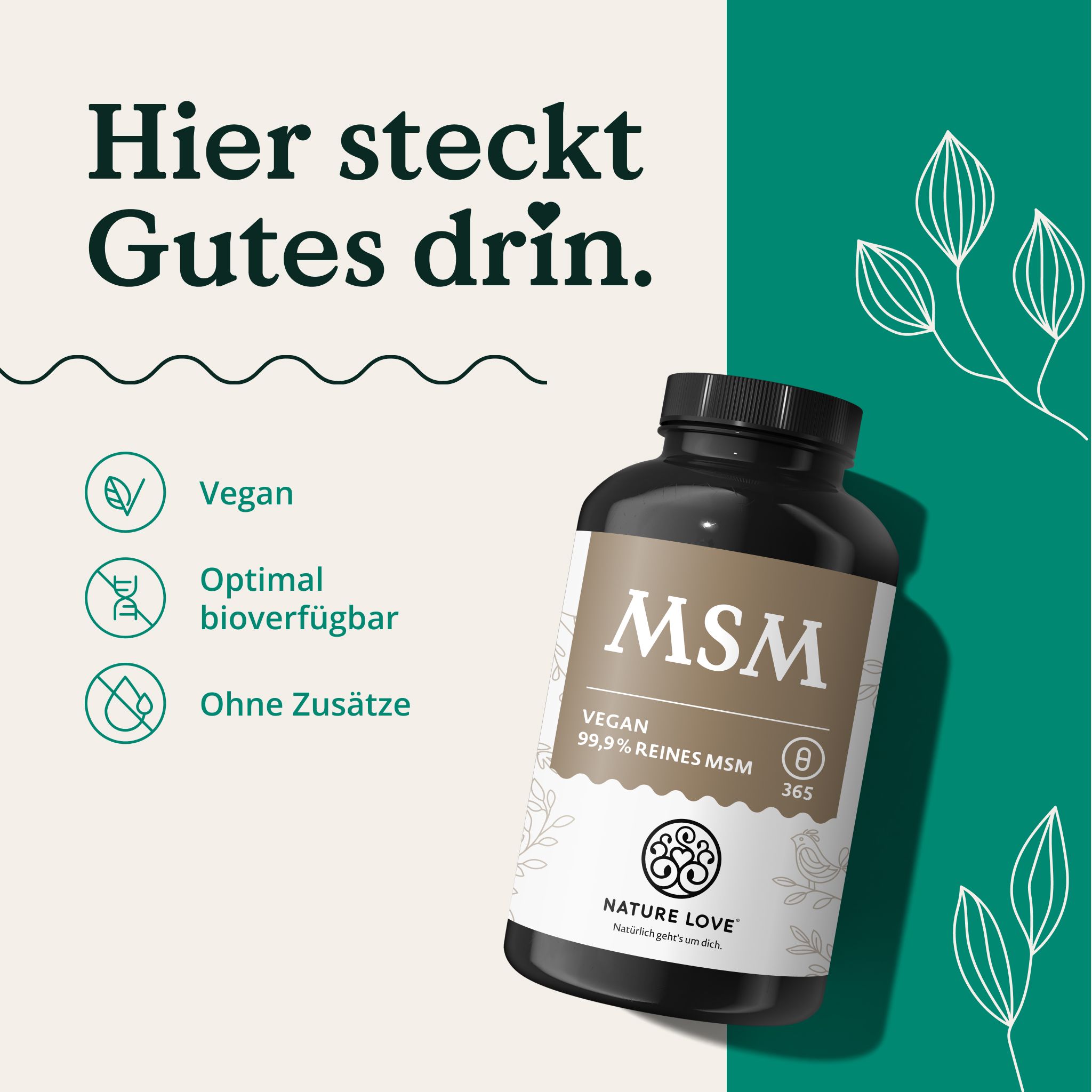 Flasche mit MSM-Kapseln, 99,9% reines MSM, vegan.